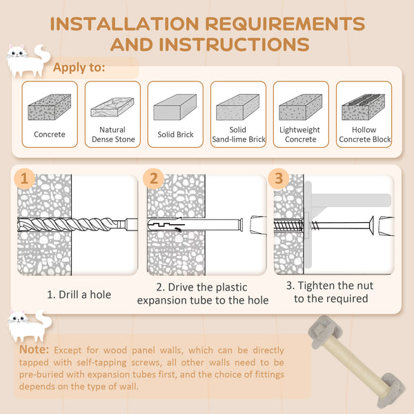 Wall-mounted cat tree with scratching post, ladder, hideaway and jumping platforms, light grey