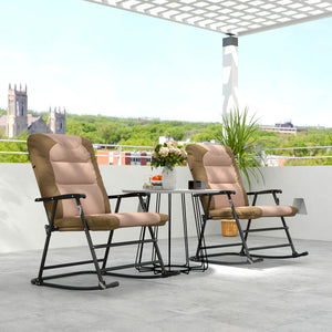 Set of 2 folding upholstered rocking chairs with armrests, light brown