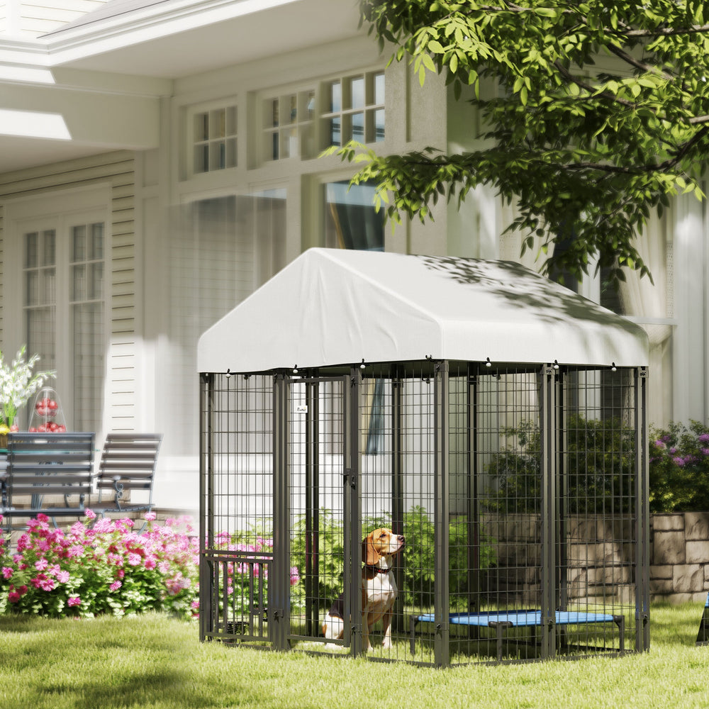 Kennel with waterproof cover, swivel and adjustable bowls on 4 levels