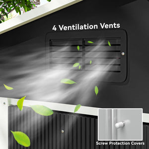 Metal garden shed with lockable sliding doors and ventilation