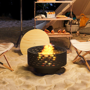 3-in-1 Fire Pit Φ23.8" x 15.4" Stainless Steel Outdoor Fire Bowl with Wood-Effect Fire Basket