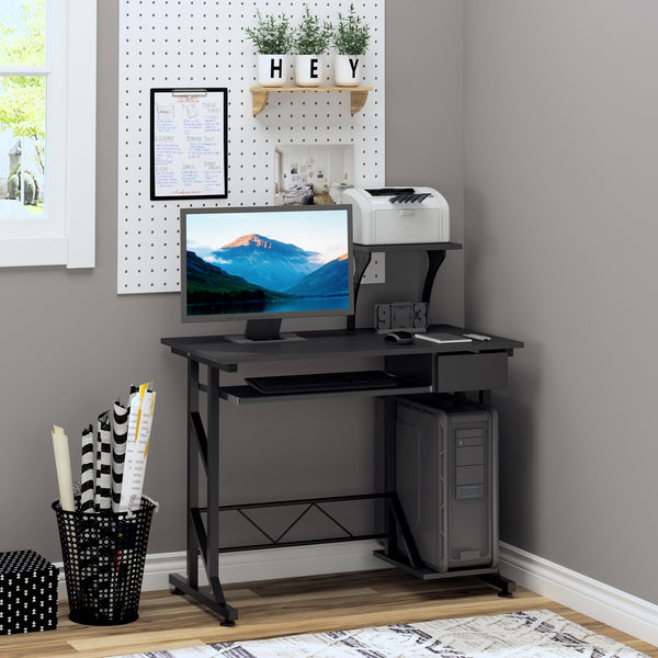 Computer desk with keyboard tray and drawer, black