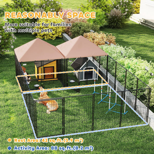 Large outdoor kennel with 2 compartments, swivel and height-adjustable food bowls