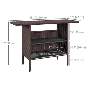 Outdoor rattan bar table with 2 storage shelves, brown