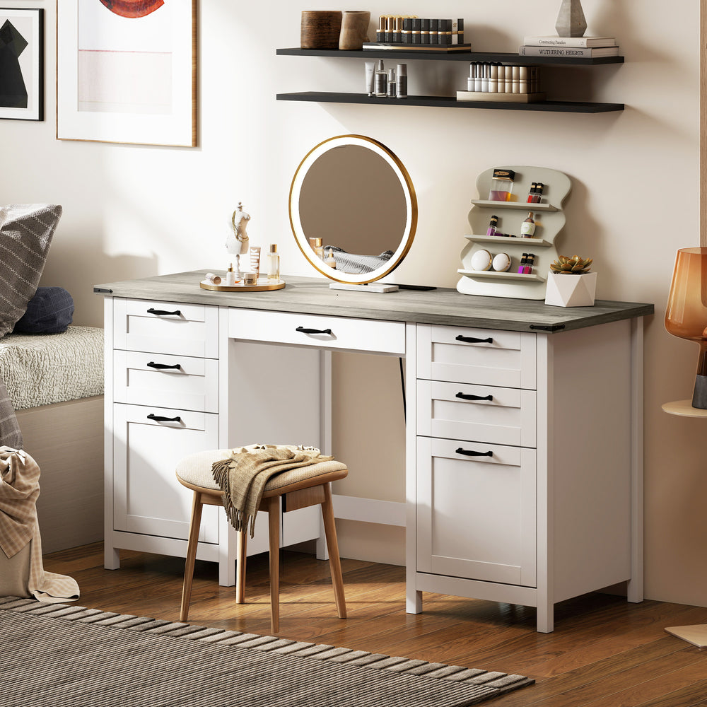 57-inch 7-drawer desk with outlets, white and brown