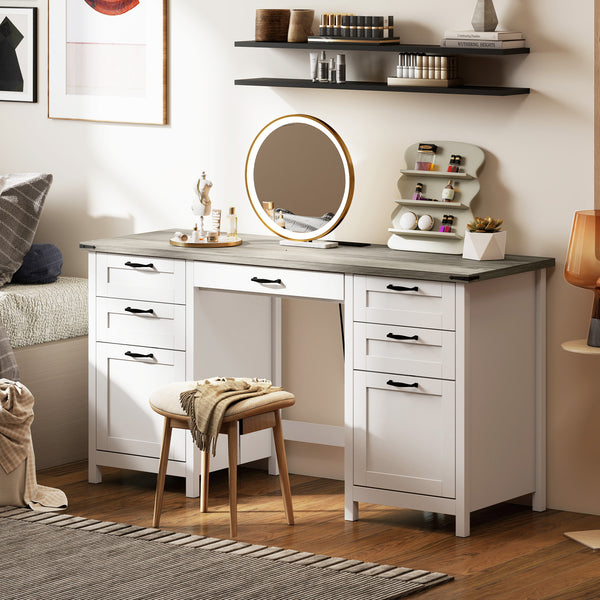 57-inch 7-drawer desk with outlets, white and brown