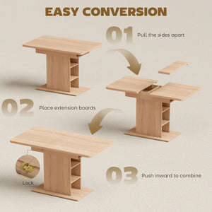 Extendable dining table for 4 to 6 people with 6 open shelves, in natural wood.