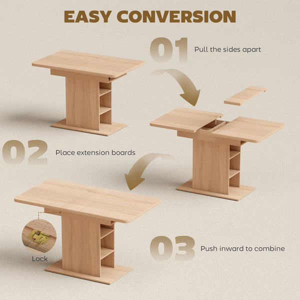 Extendable dining table for 4 to 6 people with 6 open shelves, in natural wood.