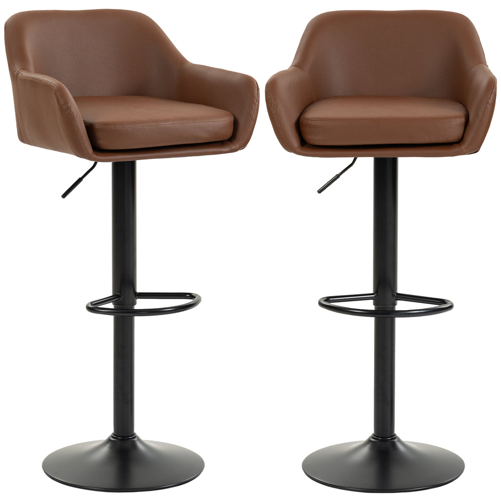 Faux Leather Bar Stools, Adjustable and Swivel, with Backrest, Set of 2, Brown