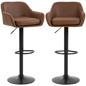 Faux Leather Bar Stools, Adjustable and Swivel, with Backrest, Set of 2, Brown