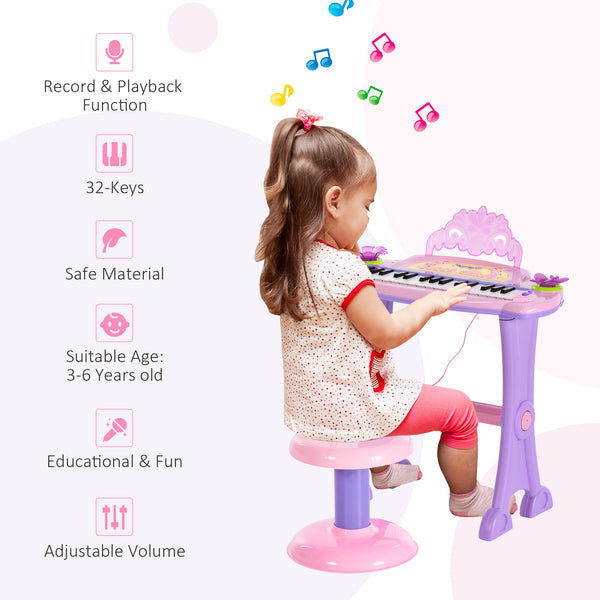 Electronic piano with microphone and stool pink/purple