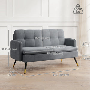 Two-seater corduroy sofa with springs, steel legs and tufting, dark gray