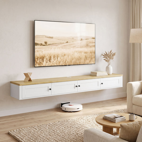 Wall-mounted floating TV stand for up to 82" TVs with storage and charging station, white