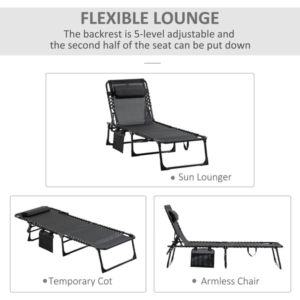 Folding chaise lounge with adjustable backrest and removable cushion, black 