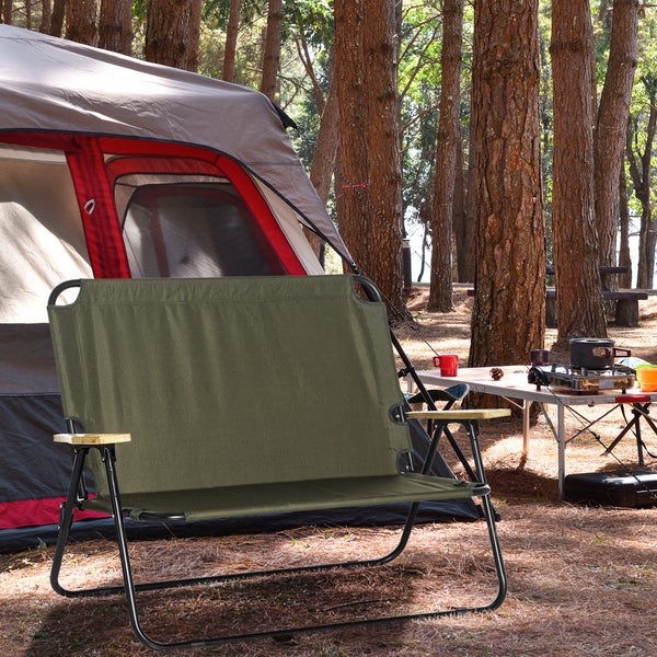Double folding chair with wooden armrests, green