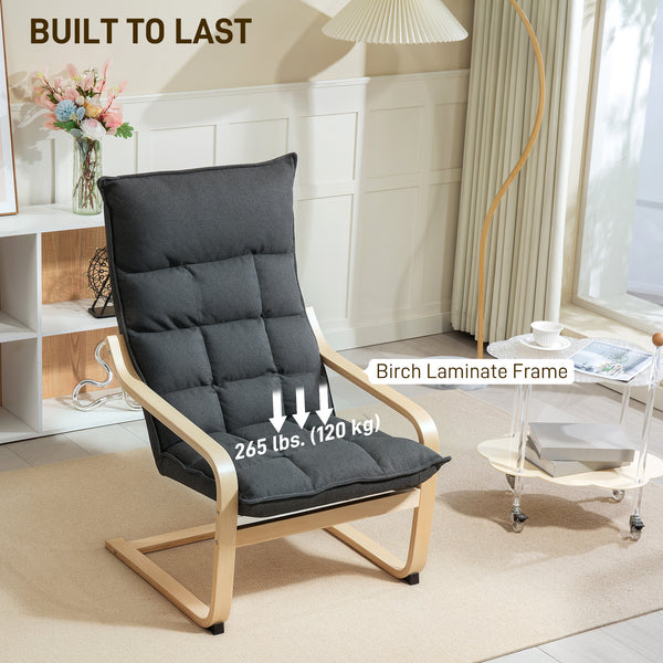 Upholstered accent chair with curved legs and armrests, dark gray