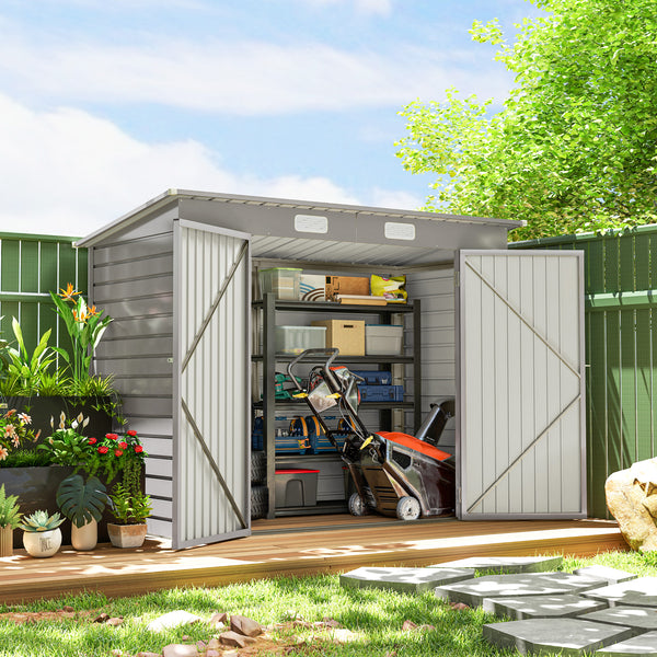 Galvanized garden shed with double doors and 2 vents, light grey