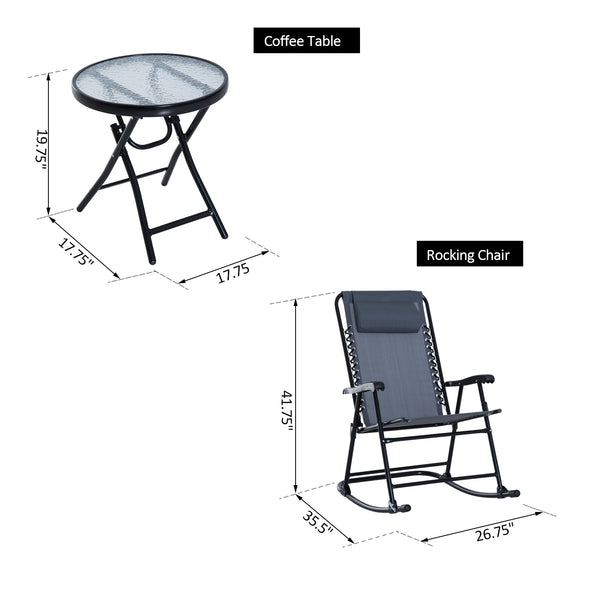 3pc Patio Rocking Chair Set, Folding Outdoor Rocking Chairs and Table Bistro Set w/ Breathable Mesh Seat & Backrest, Headrest for Park, Backyard, Garden, Grey