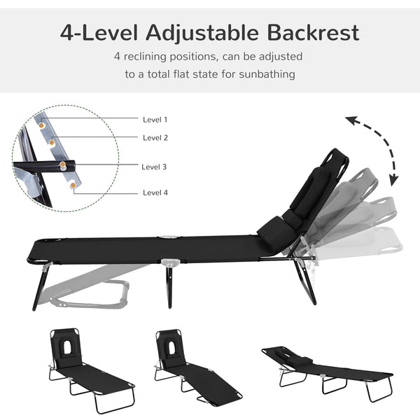 Chaise longue d'extérieur réglable avec trou pour le visage, siège inclinable pour bronzer, lit de plage pliant avec coussin de soutien, noir