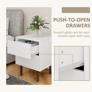 Set of 2 modern bedside tables with push-open drawers and steel legs, white
