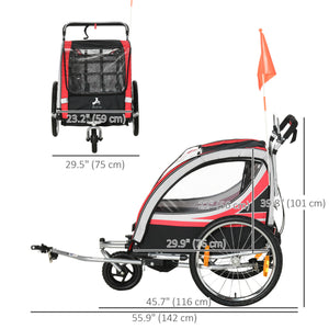 2-seater bicycle trailer with handbrake, 5-point harness, red