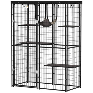 Metal cat cage with waterproof cover, hammock, washable cushions, black