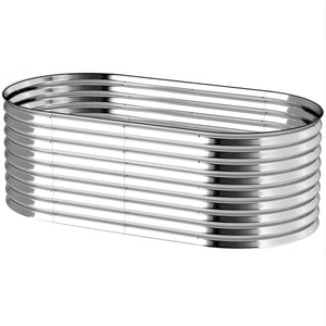 Jardinière ovale surélevée galvanisée avec bordure de sécurité et gants inclus, couleur argent.