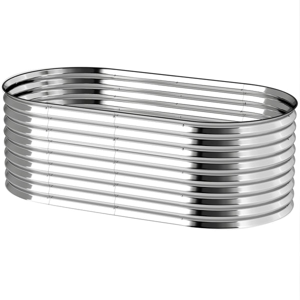 Jardinière ovale surélevée galvanisée avec bordure de sécurité et gants inclus, couleur argent.