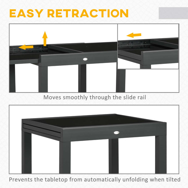 Extendable garden table with aluminum frame and tempered glass top, black