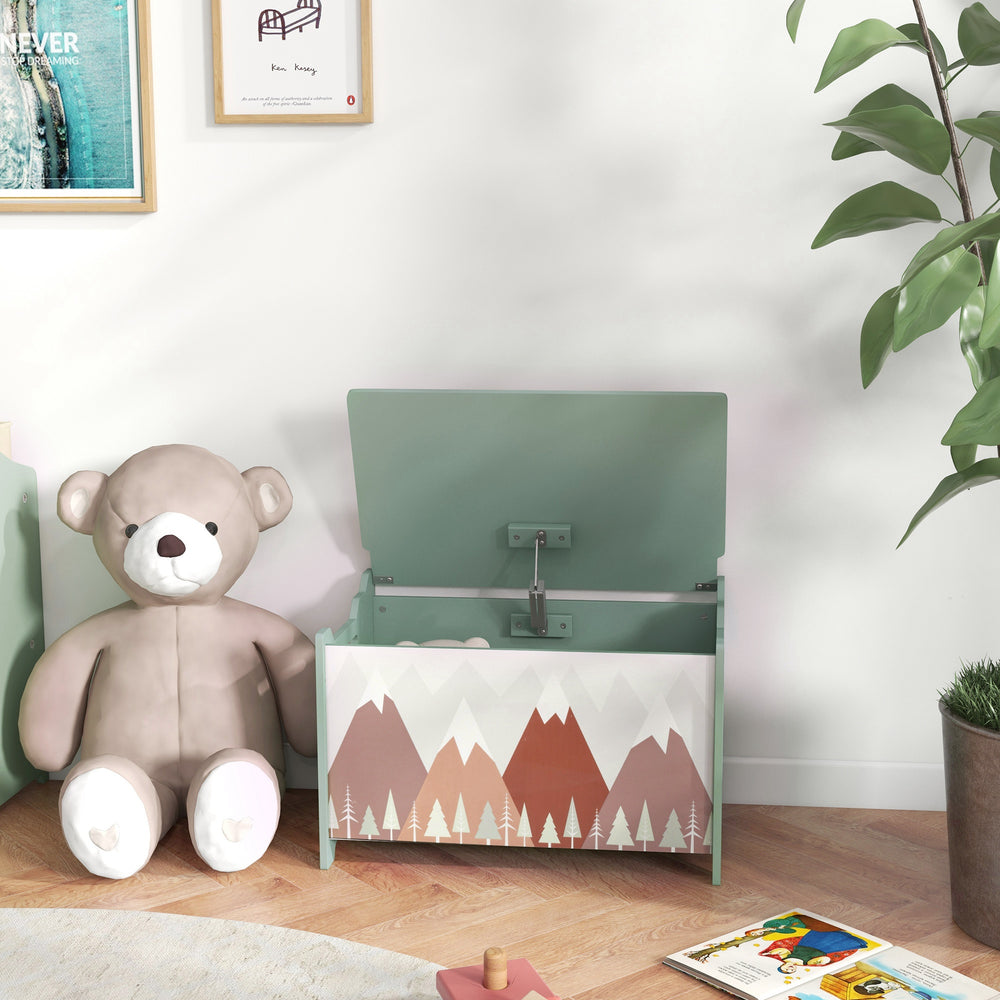 Children's toy box with lid, safety hinges and grooved handles, green