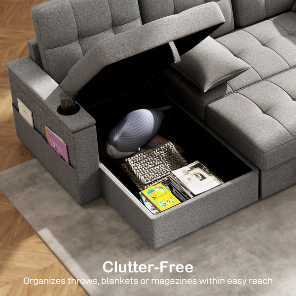 Convertible Sectional Sofa Bed with USB-A+C Port, Gray