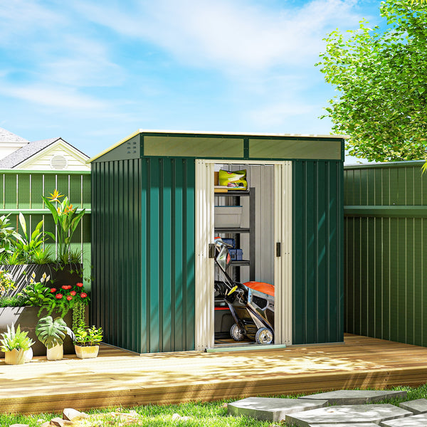 Galvanized metal garden shed with foundation kit, green