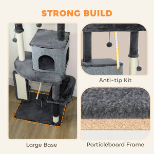 132cm Cat Tree with Scratching Posts, Basket, Kennel and Grooming Brush, Grey