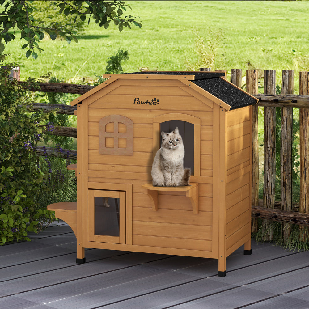 Two-story wooden cat house with a retractable roof