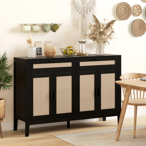 Bohemian style buffet with decorative rattan doors and drawers, black.