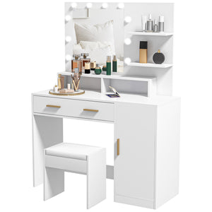 LED illuminated dressing table with stool, drawer and shelves, white