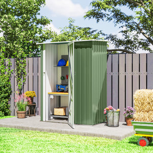 Metal garden shed with sloping roof and lockable door for tools, light green