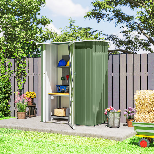 Metal garden shed with sloping roof and lockable door for tools, light green