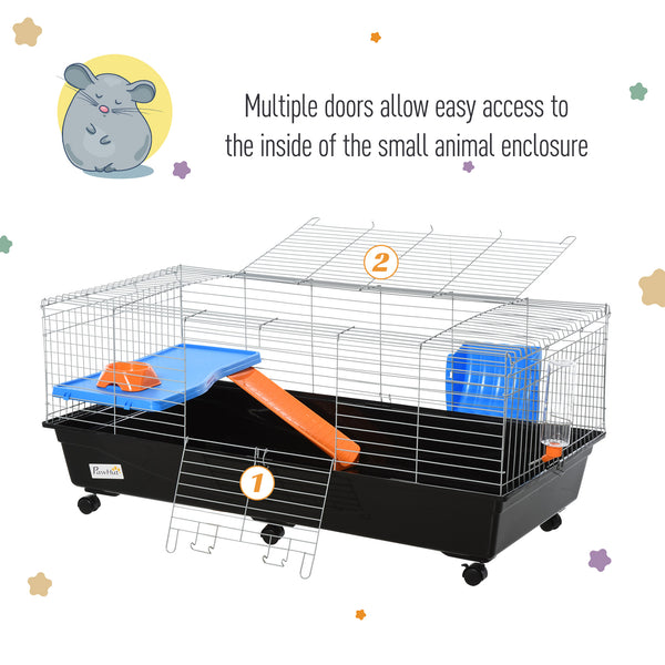 47" Rolling cage with a feeding bowl, a water bottle and an access ramp