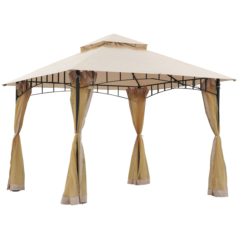 10 x 10 gazebo with metal frame and mesh side panels, beige