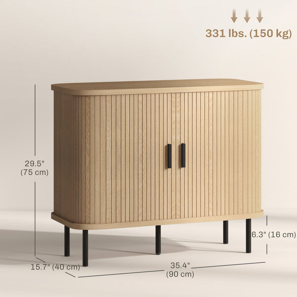 Nordic sideboard with tambour doors and metal legs, oak