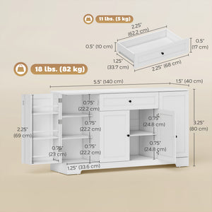 Modern kitchen storage cabinet with drawer, adjustable shelves with door supports, white