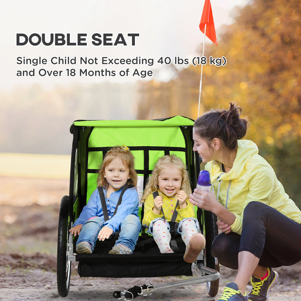 2-seater bicycle trailer with 5-point safety harness and comfortable seat, green