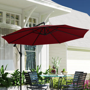 3m Hanging Garden Parasol, Offset, Banana, with Base and Crank, Wine Red