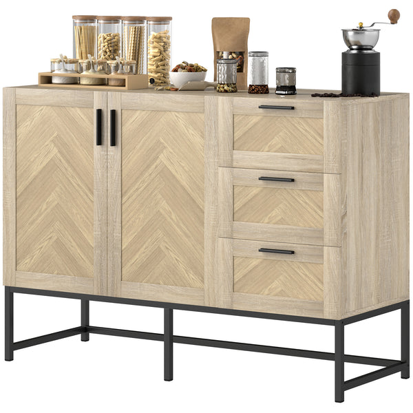 Coffee bar sideboard with drawers and adjustable shelf, oak