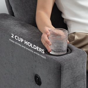 3-seater sofa with USB ports and cup holders, gray
