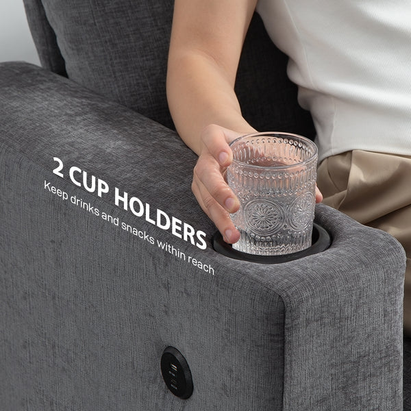 3-seater sofa with USB ports and cup holders, gray