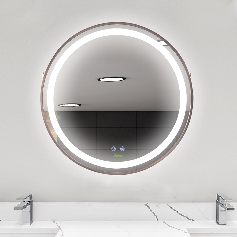 Round Dimmable Anti-Fog LED Bathroom Mirror, Rose Gold