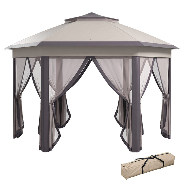 13' x 13' Folding Gazebo with Netting and Carry Bag, Hexagonal, Coffee and Beige