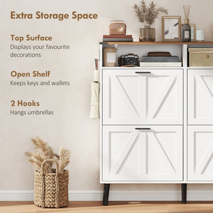 Shoe cabinet with 4 flip-down drawers, country style, narrow, holds up to 24 pairs, white